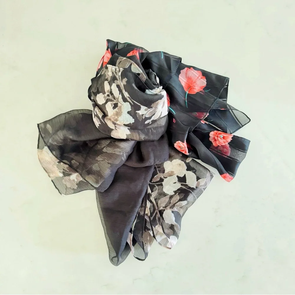 Vintage BUNDLE (2) Floating Floral Poppies & Roses Printed Scarf Wraps,